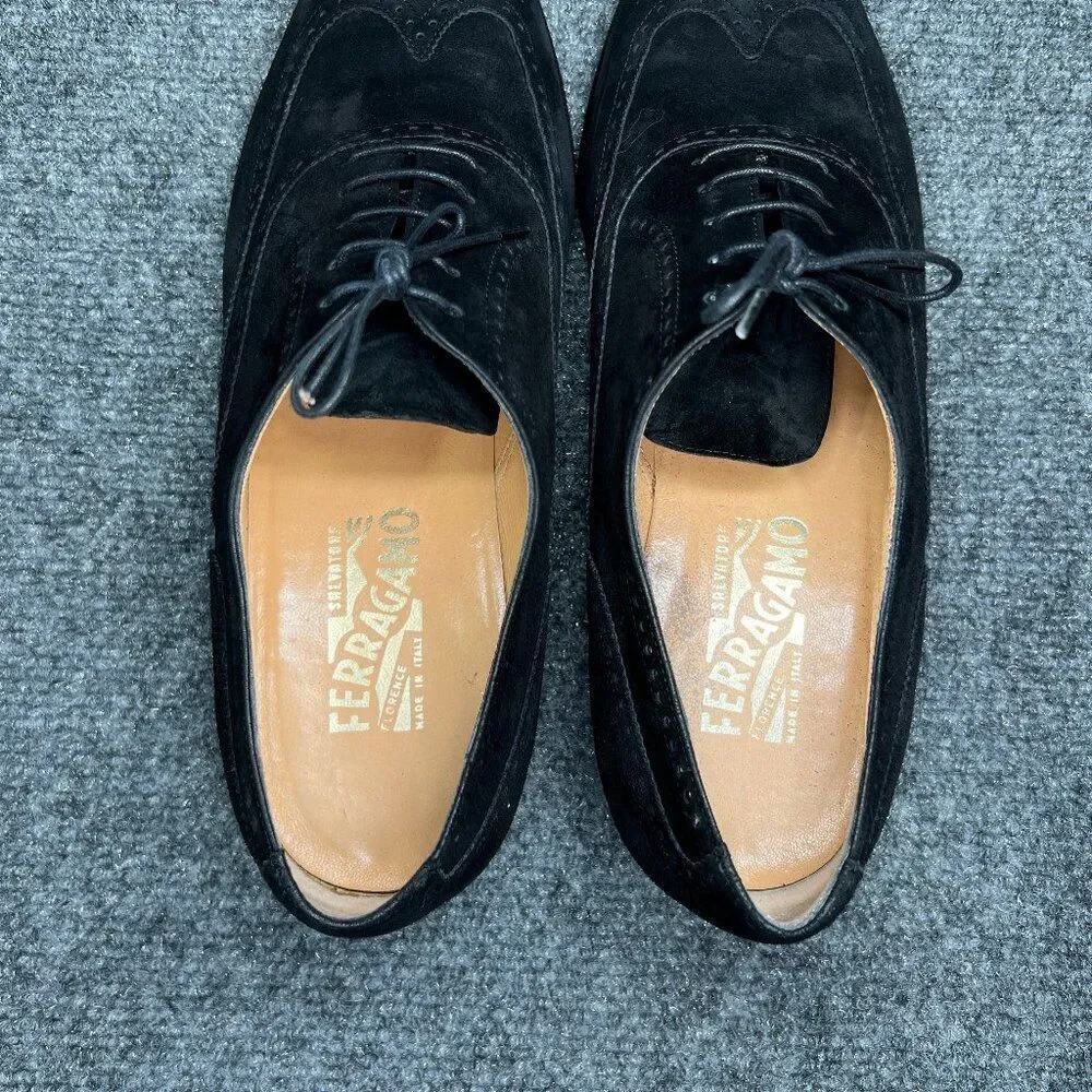 Salvatore Ferragamo Black Suede Oxfords Men's 9D Wing Tip Leather Dress Shoes‎